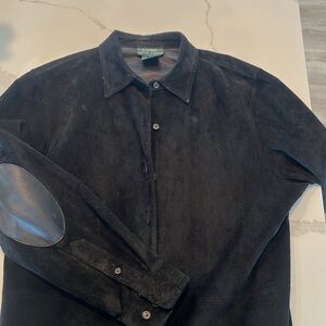 LAUREN RALPH LAUREN vintage black suede shirt jacket, elbow patches, men’s large